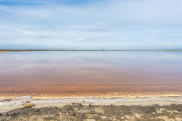 Salt pond with pastel reflections under a wide sky at Alviso Marina County Park, California