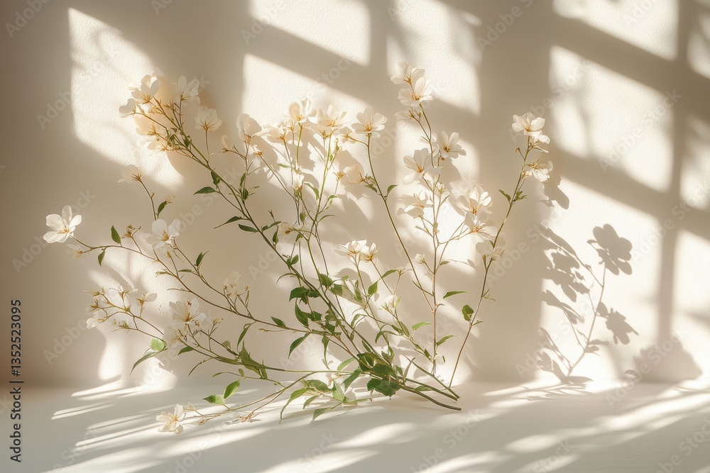Aufkleber delicate white flowers casting intricate shadows on a soft surface, creating a serene and calming at