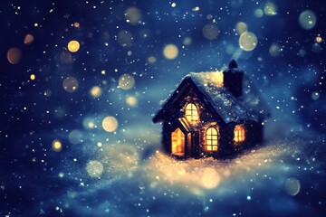Fototapeta premium A Small Illuminated House in a Snowy Winter Night