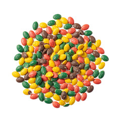 Obraz premium Colorful chocolate covered sunflower seeds arranged in a neat pile displaying a vibrant rainbow palette against a clean white backdrop