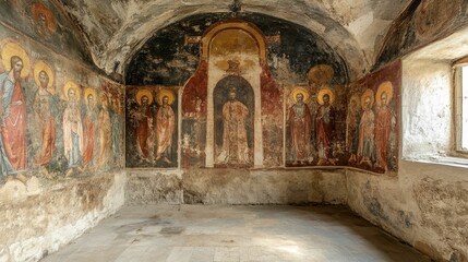 Obraz premium Ancient murals depict religious figures in church.