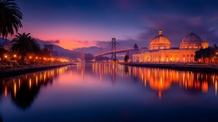 Fototapeta premium Sunset cityscape with bridge and illuminated building reflections on calm water, ideal for travel brochures