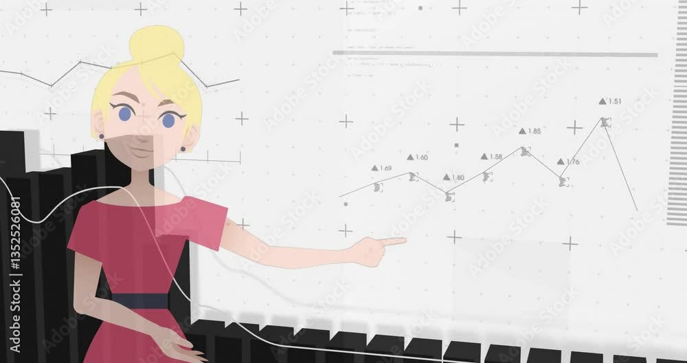 Poster animation of character presenting data charts on digital screen in school