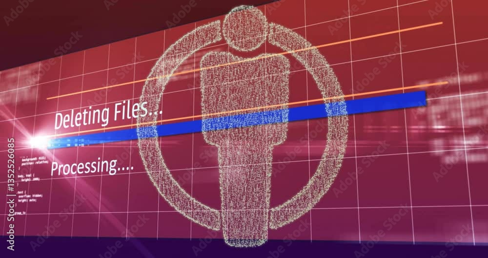Poster deleting files, digital figure with animation over red grid background