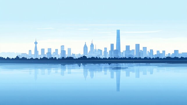 A blue-toned cityscape with floral arrangements reflecting in a serene setting, creating a unique blend of commerce and nature. The image captures a commercial atmosphere with a minimalist design, whe