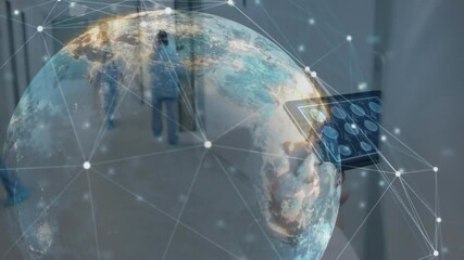 In hospital corridor, healthcare professional with globe network connections animation - Powered by Adobe