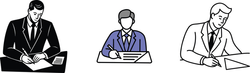 Businessmen Signing Documents Black, Blue, White Suits Illustrations