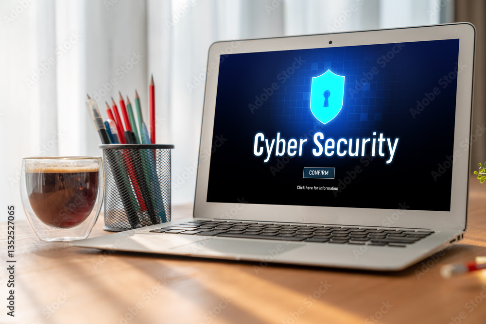 Poster cyber security system on computer screen protect private information snugly from hacker and cyber at