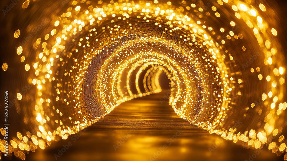 Poster tunnel gold color digital particles dots and line twist abstract background for new year or importan