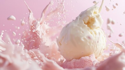 Fototapeta premium Vanilla Ice Cream Splash in Pink Milk