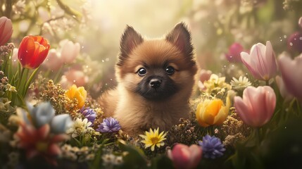 Fototapeta premium A small puppy with a fluffy coat, nestled among colorful flowers like daisies and tulips, exuding cuteness and charm in the midst of springs natural beauty.