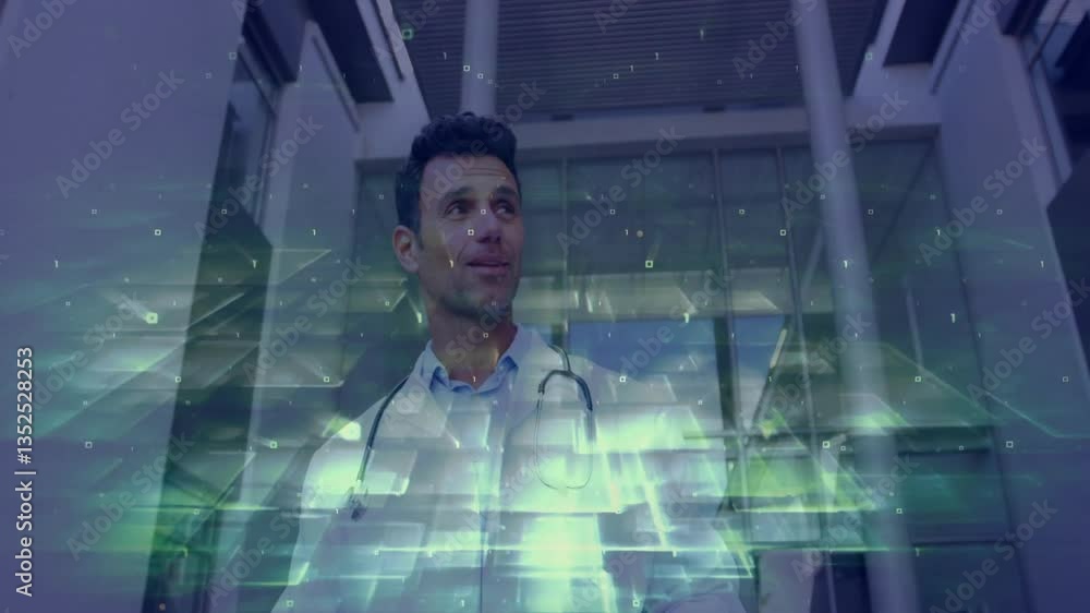 Poster observing digital data processing, doctor with stethoscope in futuristic building