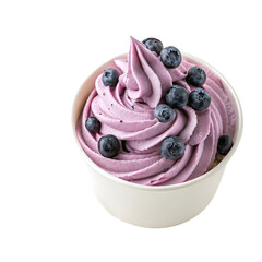 Blueberry frozen yogurt swirl on white bowl on white background
