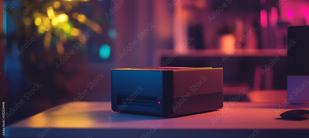 Poster modern compact thermal printer with soft ambient lighting in a creative office setup and branding sp