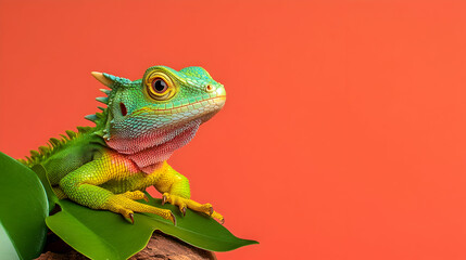 Fototapeta premium Vibrant Green Lizard on Leaf, Coral Background, Studio Shot, Pet Reptile