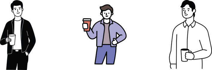 Three Men Drinking Coffee, Different Styles, Casual, Formal, Outline