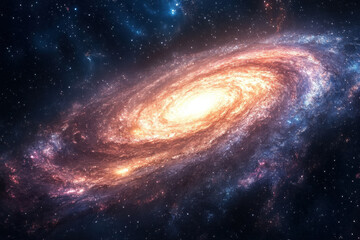 Spiral galaxy filled with stars and nebulas, glowing amidst the vast darkness of space.
