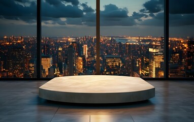 A podium in a luxury penthouse, placed in front of a panoramic city skyline at night