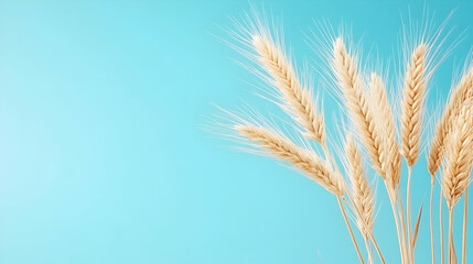Wheat stalks against a blue background;  agricultural harvest concept; website banner