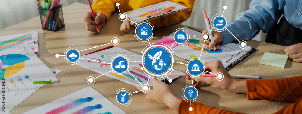 Poster a dynamic group of professionals engaged in an interactive brainstorming session, utilizing colorful
