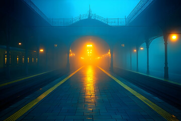 Foggy train station platform at night with glowing lights and mist creating a mysterious atmosphere