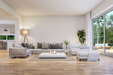 Modern contemporary style white living room with garden view 3d render, The Rooms have wooden floors, decorated with white fabric furniture