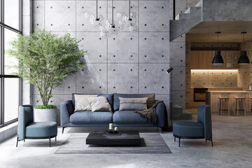 Modern loft style high ceiling living room 3d render, there are concrete wall with groove pattern, decorate with blue fabric sofa, large window sunlight shining into the room.