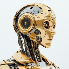 Fototapeta premium Close-up of a golden robotic figure with metallic components on a white background, representing artificial intelligence. 