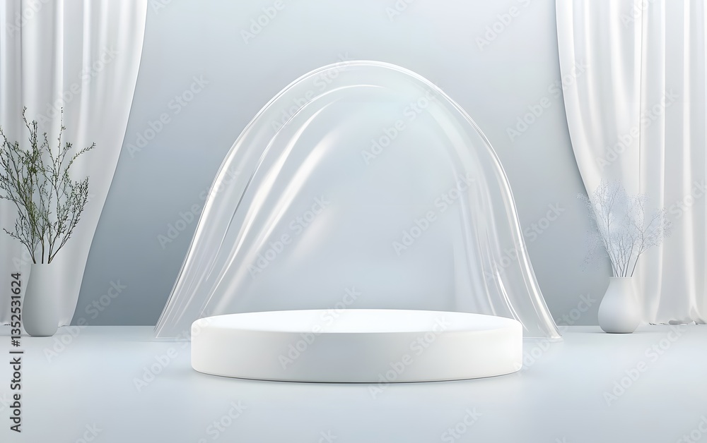 Poster a podium made of transparent material, subtly blending into its environment with soft light effects