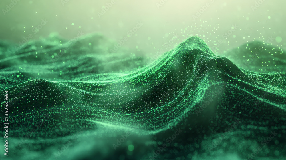 Poster abstract green color digital particles wave with dust and light background