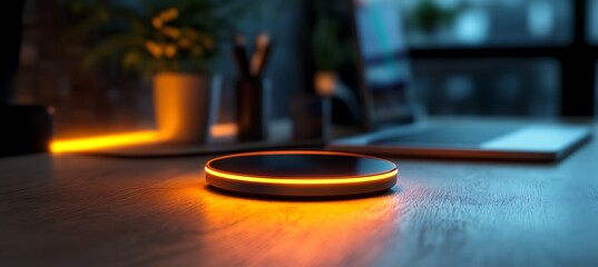 Futuristic Wireless Charger with Glowing Sides in a Clean Office Setting Featuring Ambient Glow and Blurred Background