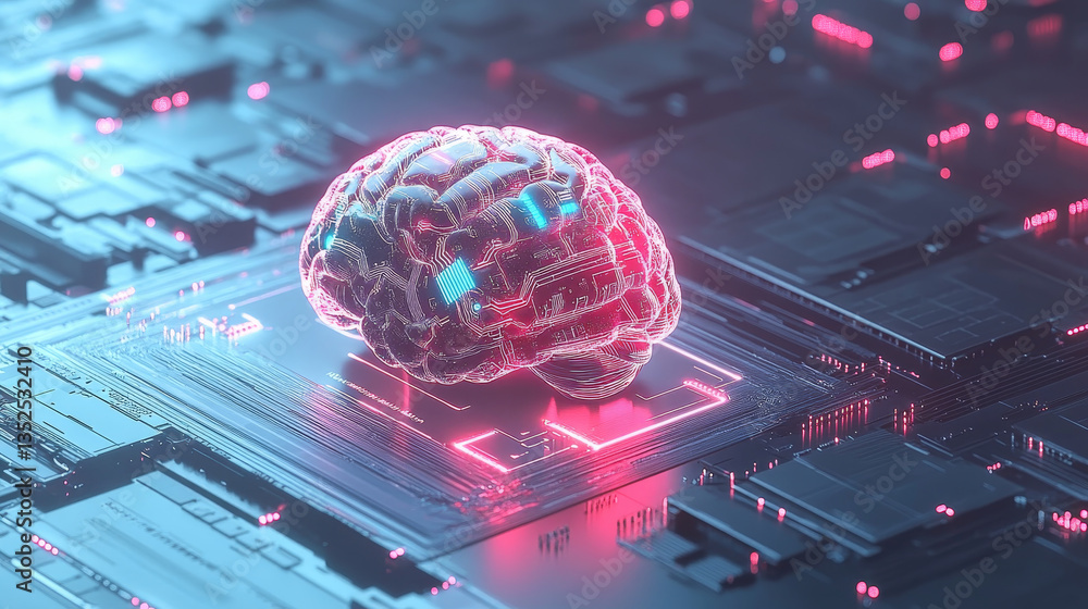 Poster artificial intelligence concept. brain over a circuit board. hud and technology connection data anal