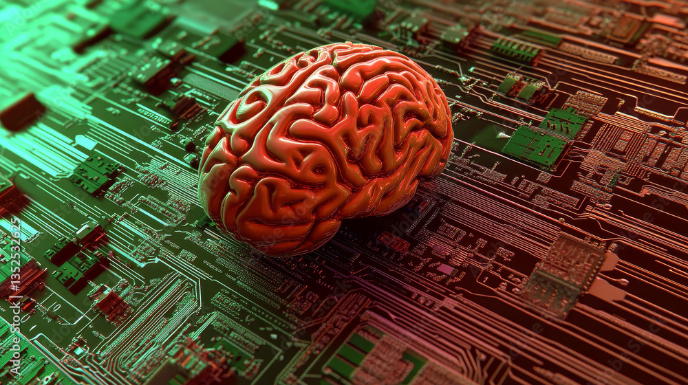 Poster artificial intelligence concept. brain over a circuit board. hud and technology connection data anal