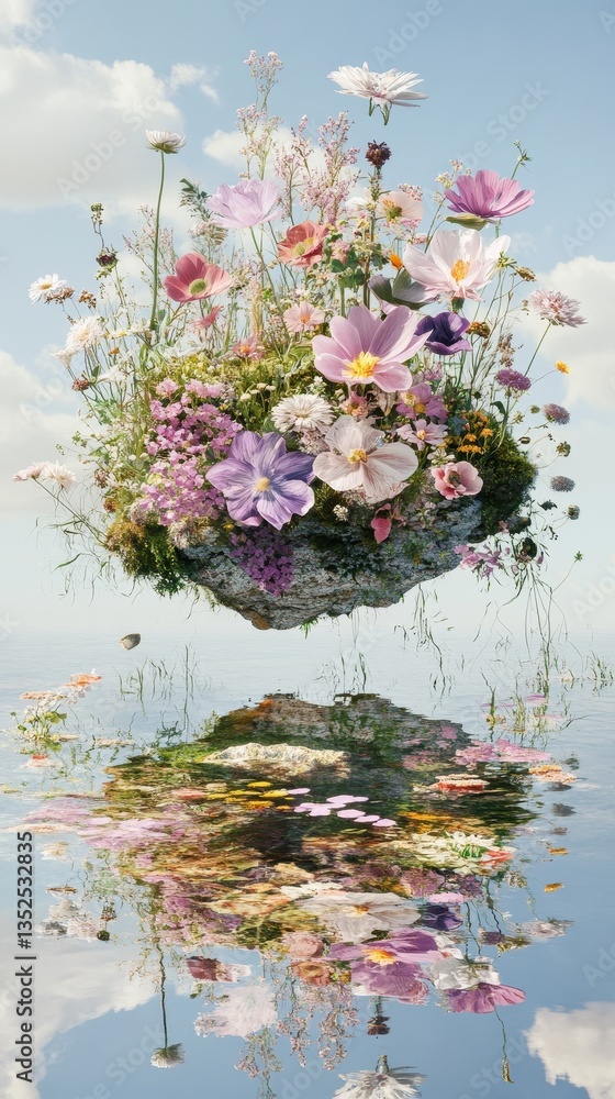 Poster a floating island covered with colorful flowers and its reflection