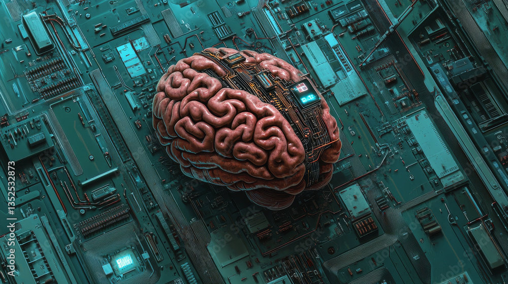 Poster artificial intelligence concept. brain over a circuit board. hud and future technology digital backg