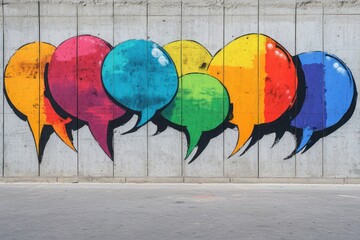 Naklejka premium Colorful speech and thought bubbles in graffiti style adorn a flat concrete wall. The playful and expressive design captures the essence of street art and urban communication. 