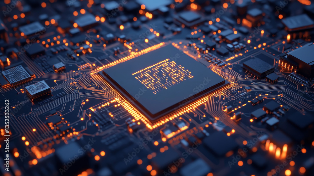 Poster ai chip at the center of a digital interface, symbolizes cutting-edge artificial intelligence, machi