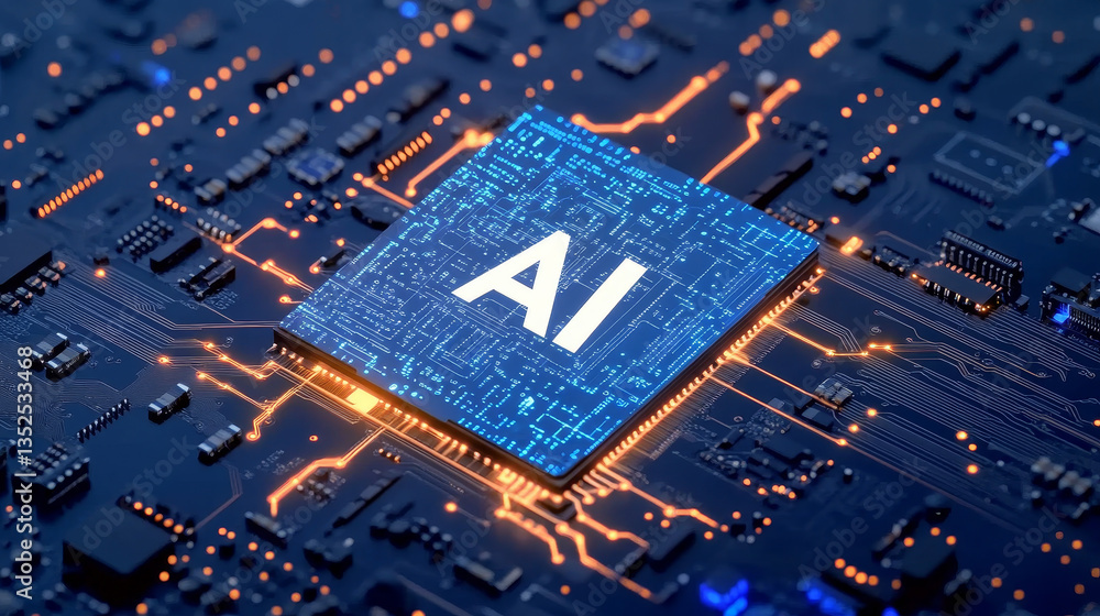 Poster digital 3d render of computer chip over circuit background with ai sign. ai(artificial intelligence)