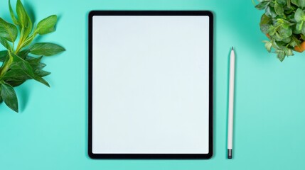 Tablet device pencil and plants on a teal background