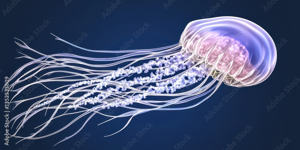 Poster a translucent jellyfish with flowing tentacles floating in the deep ocean