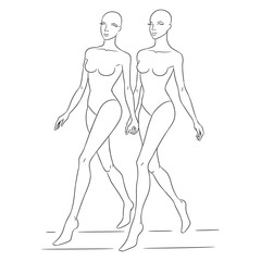 A professional fashion croquis template featuring two female models in a dynamic runway walking pose. This clean and minimalistic line art sketch is perfect for fashion designers, illustrators, and st