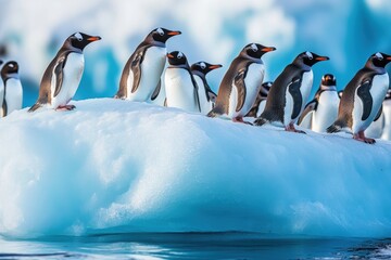 Fototapeta premium Penguins gathered on an iceberg in a crisp, icy environment at high resolution