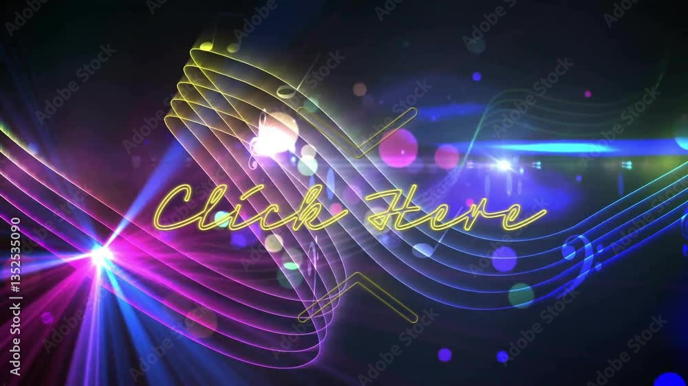 Poster animation of colorful neon click here text with abstract light patterns