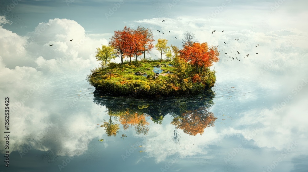 Poster a small island with colorful trees floating in the cloudy sky