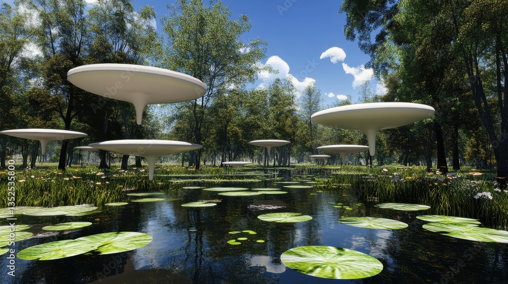 Poster futuristic landscape showing floating structures and a tranquil water environment