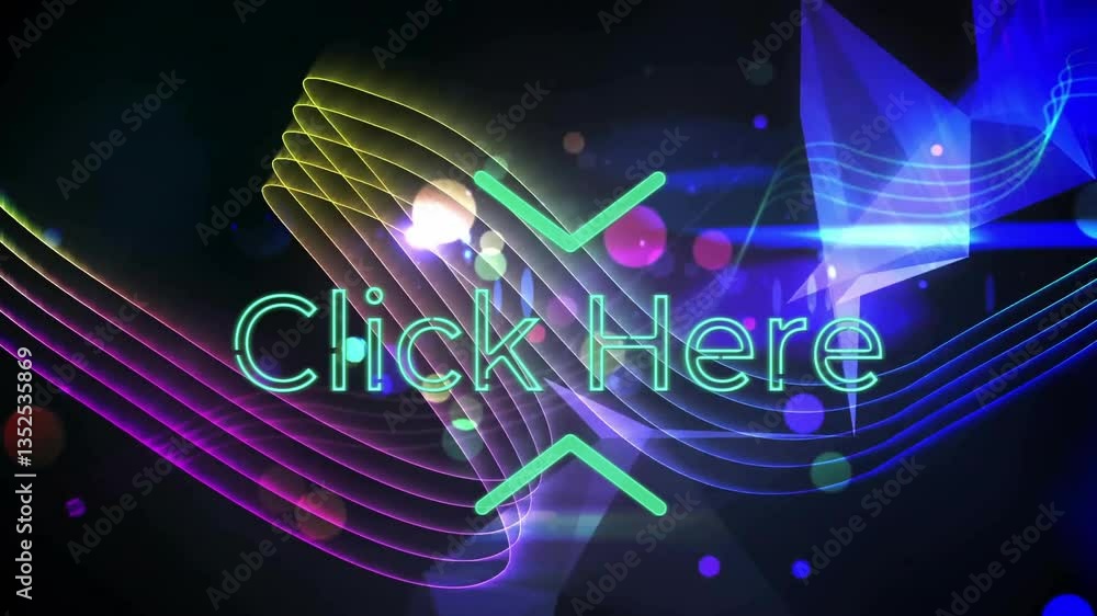 Poster click here text over colorful neon wave patterns and glowing dots animation