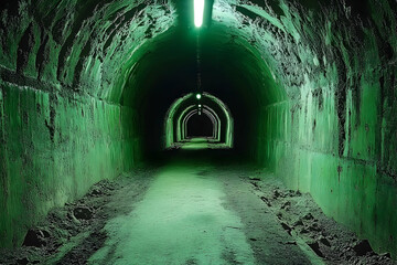 Obraz premium Green-lit underground tunnel with textured walls, leading into darkness, evoking mystery and exploration