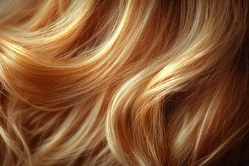Close-up of blonde hair with natural highlights cascading over a shoulder, catching the light beautifully.
