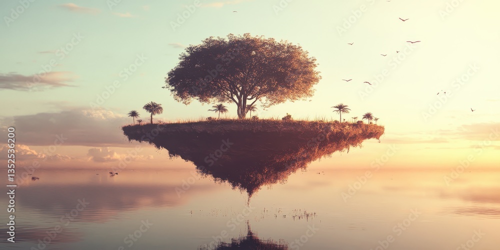 Poster a surreal landscape of a floating island with a large tree
