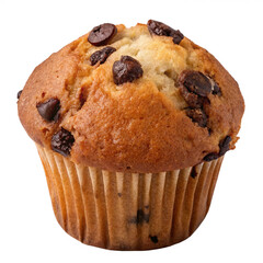 Free  chocolate chip muffin in a colorful wrapper, playful and cheerful design, isolated on white...
